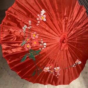 Vintage Unique Old Japanese Asian Painted Bamboo Red Umbrella Parasol READ